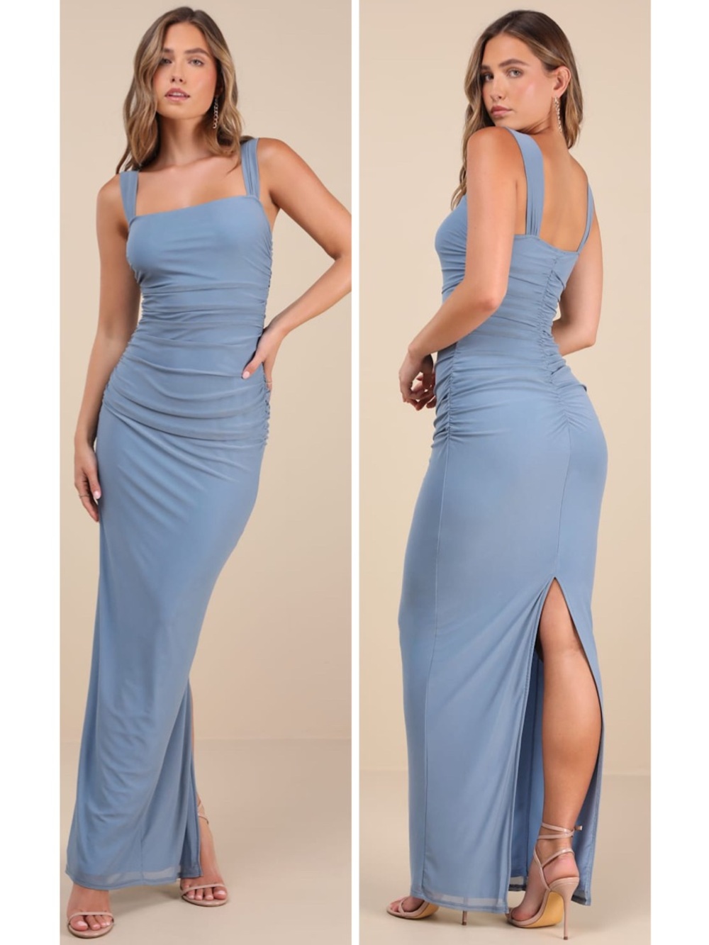 Lulus Amazing Presence Slate Blue Mesh Ruched Column Maxi Dress Size Medium NWT